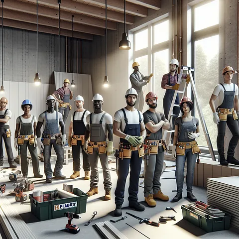 Realistic stock image of workers installing Pladur.