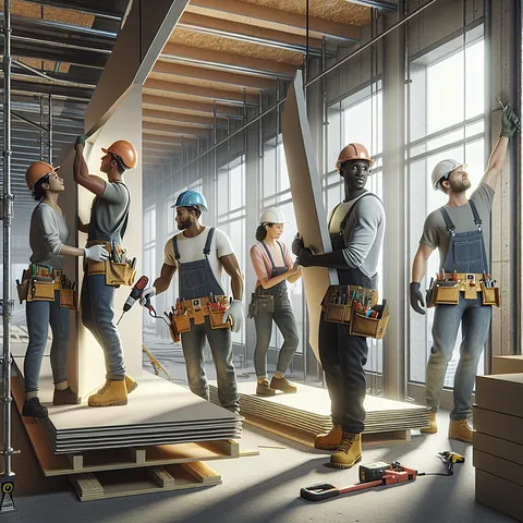 Realistic stock image of workers installing drywall