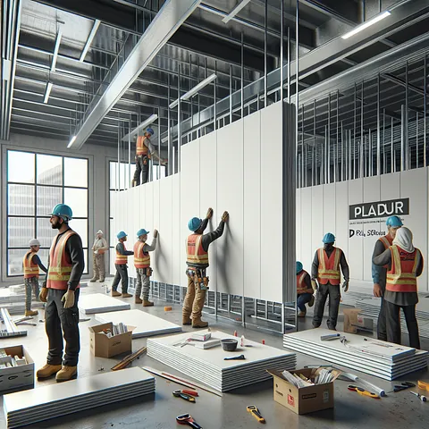 Realistic stock image of workers installing Pladur.