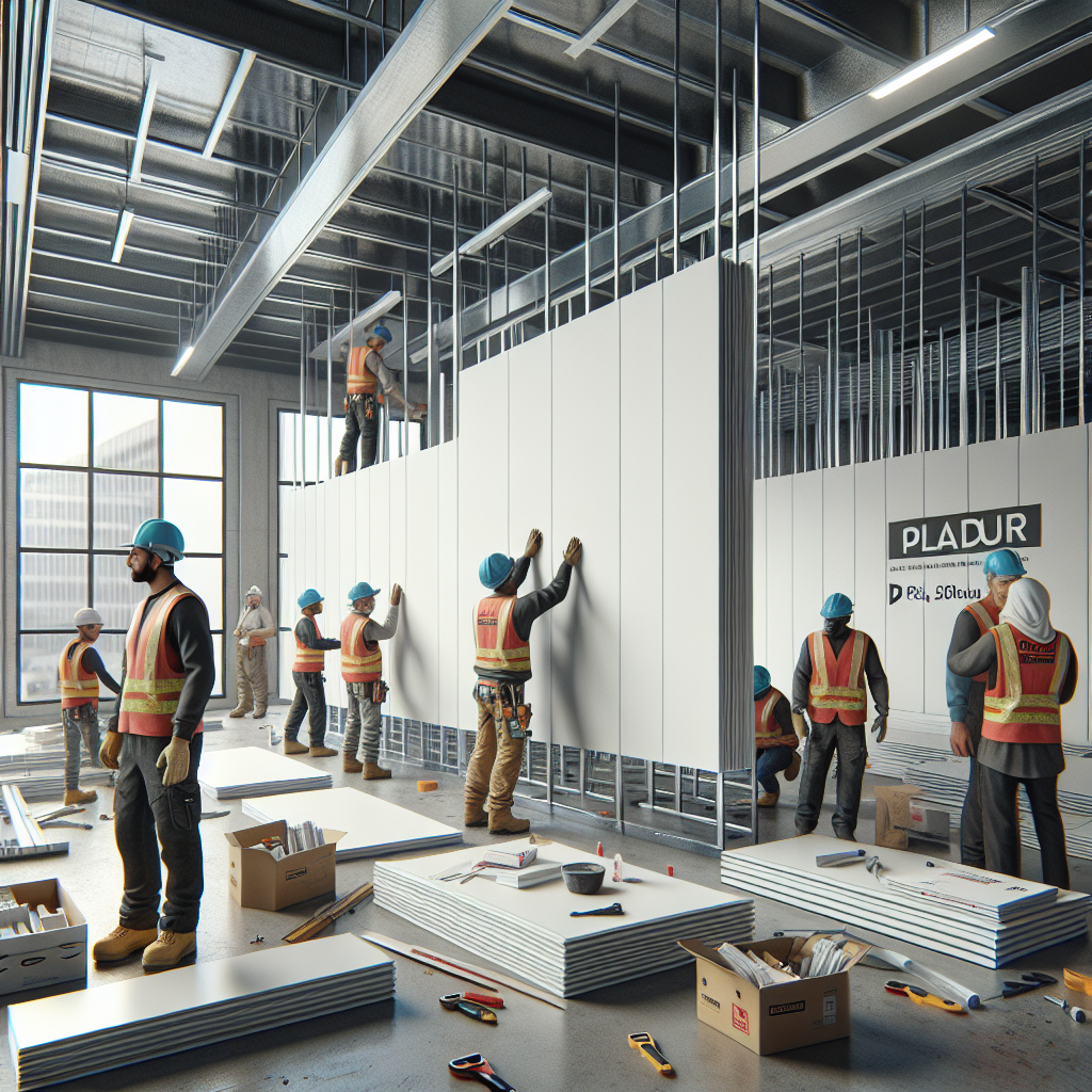 Realistic stock image of workers installing Pladur.