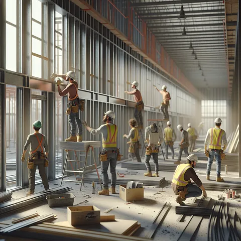 Realistic stock image of workers installing Pladur