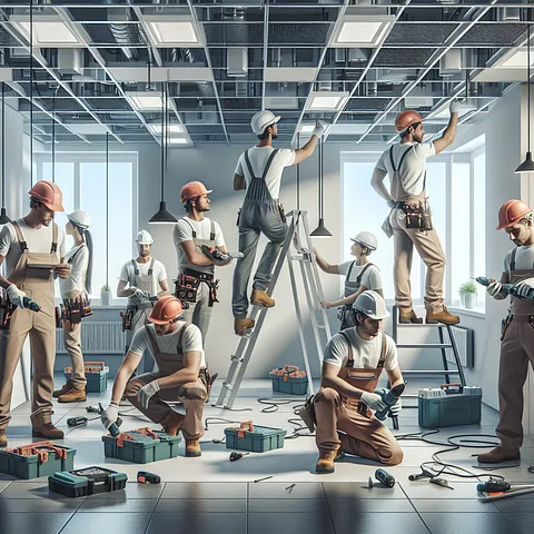 Caucasian workers installing modern pladur ceiling